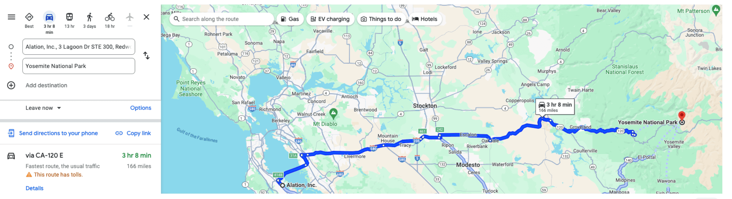 Google maps screenshot: driving distance from Alation office to Yosemite.