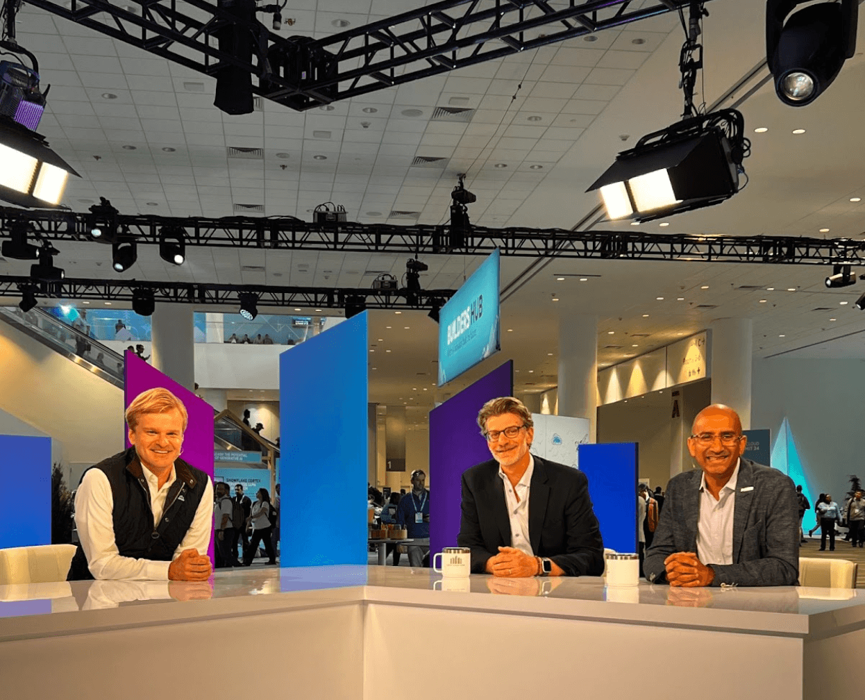 Satyen Sangani, CEO of Alation, joined by Marc Rind, CTO of Fiserv, and Ryan C. Green for the "Data Cloud Now" feature at Snowflake Summit 2024.