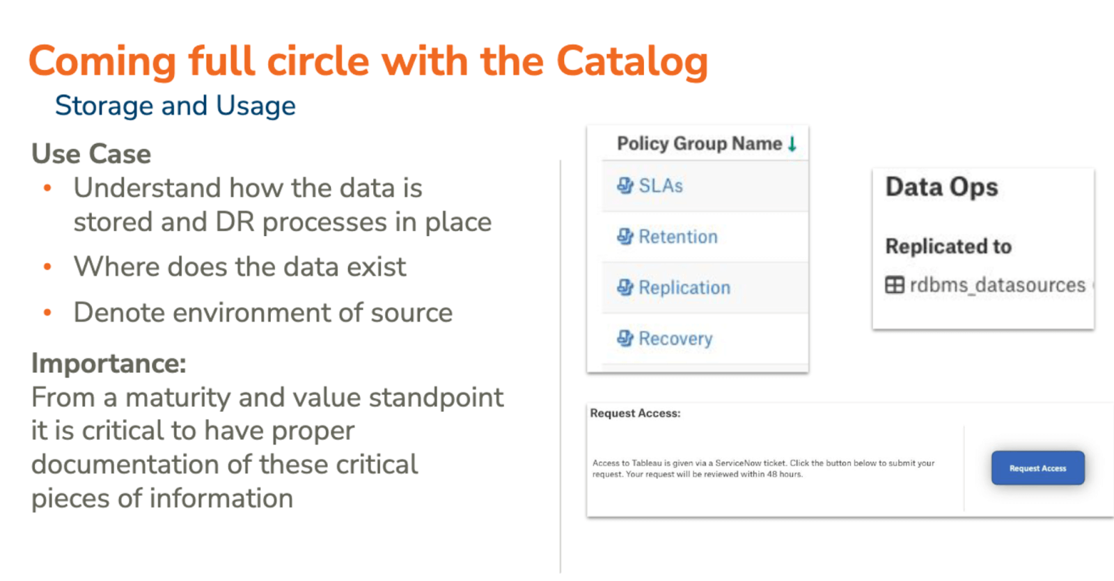 Image showing how data storage and usage is documented in the data catalog.