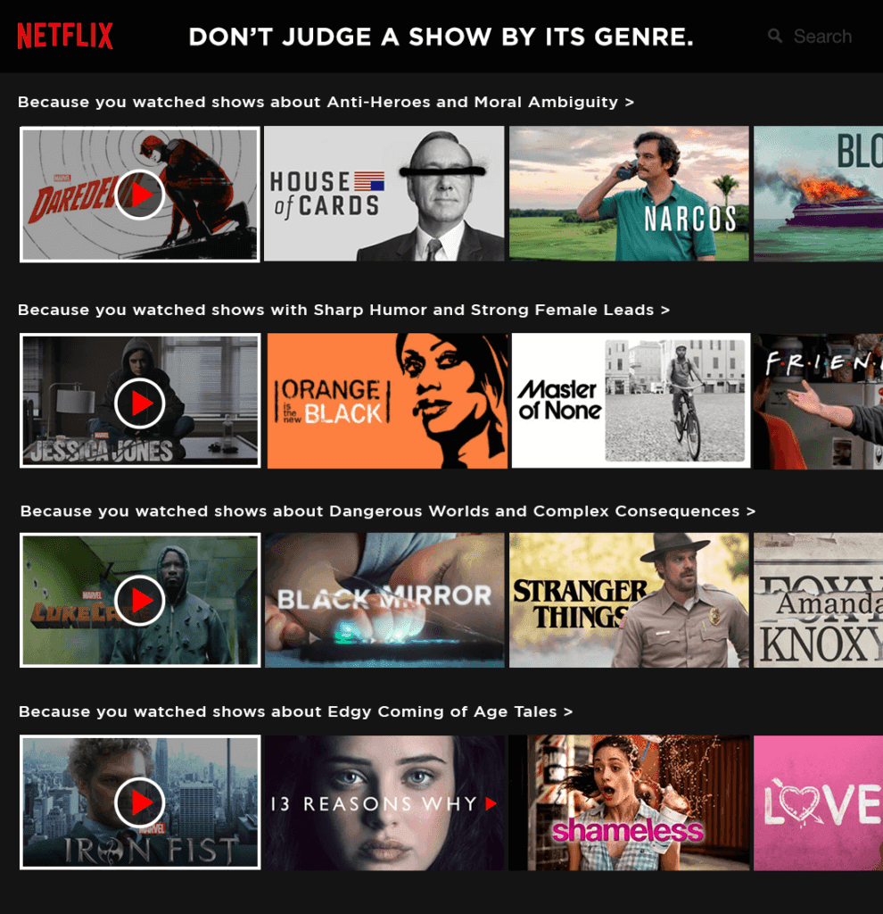 Netflix "because you watched" page (demonstrating recommendation algorithm)