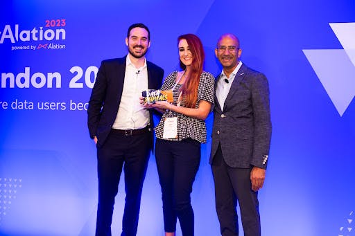 Sainsbury receiving the Data Radical Award for industry excellence, which was accepted by Jade Jones, the company's metadata and data quality manager.