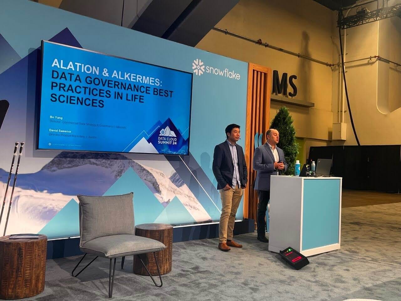 Bo Yang of Alkermes and David Sweenor of Alation presenting, "Data Governance Best Practices in Life Sciences" at Snowflake Summit 2024.