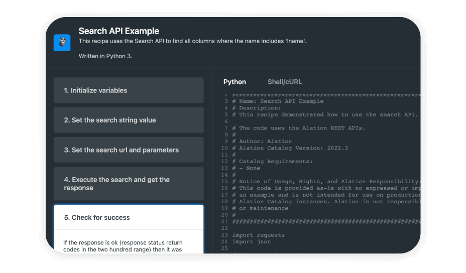 Screenshot of Alation's Search Function's Search API example