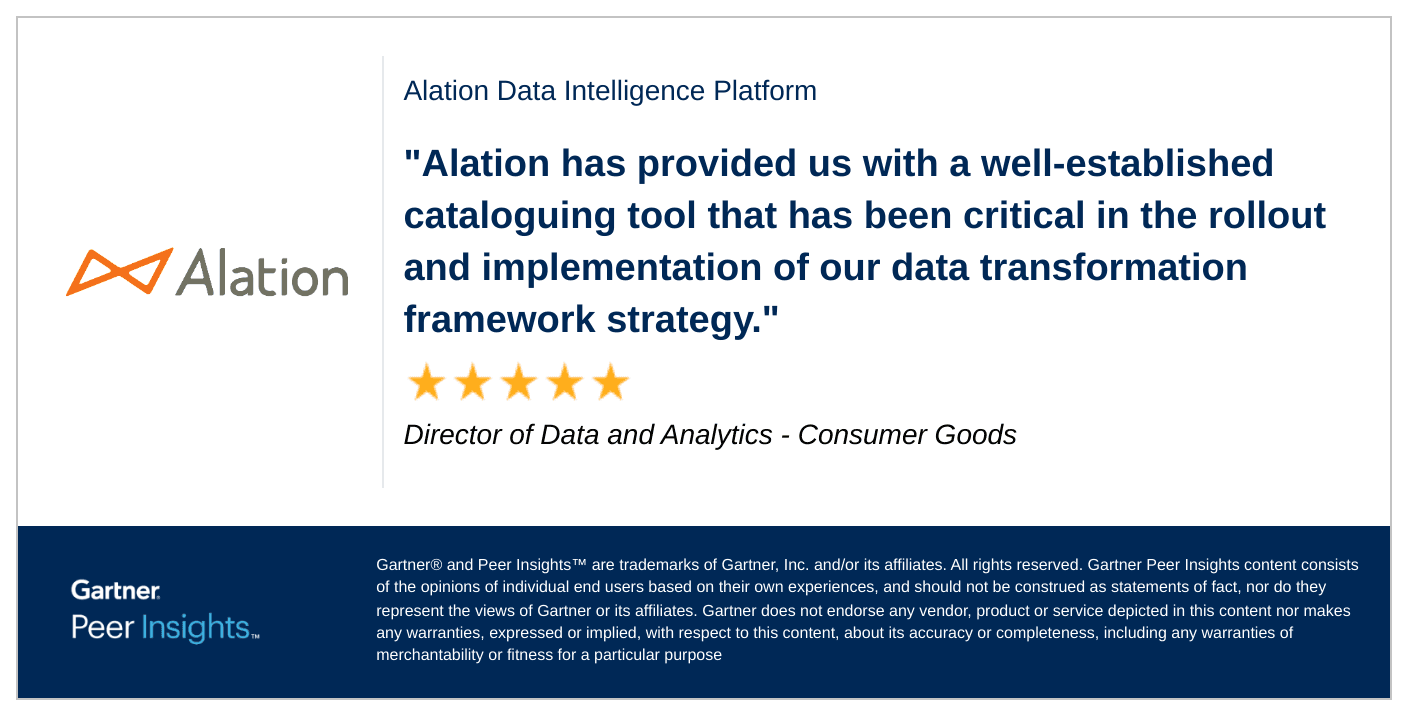 A Gartner review of Alation from a D&A director in consumer goods praising the rollout and implementation