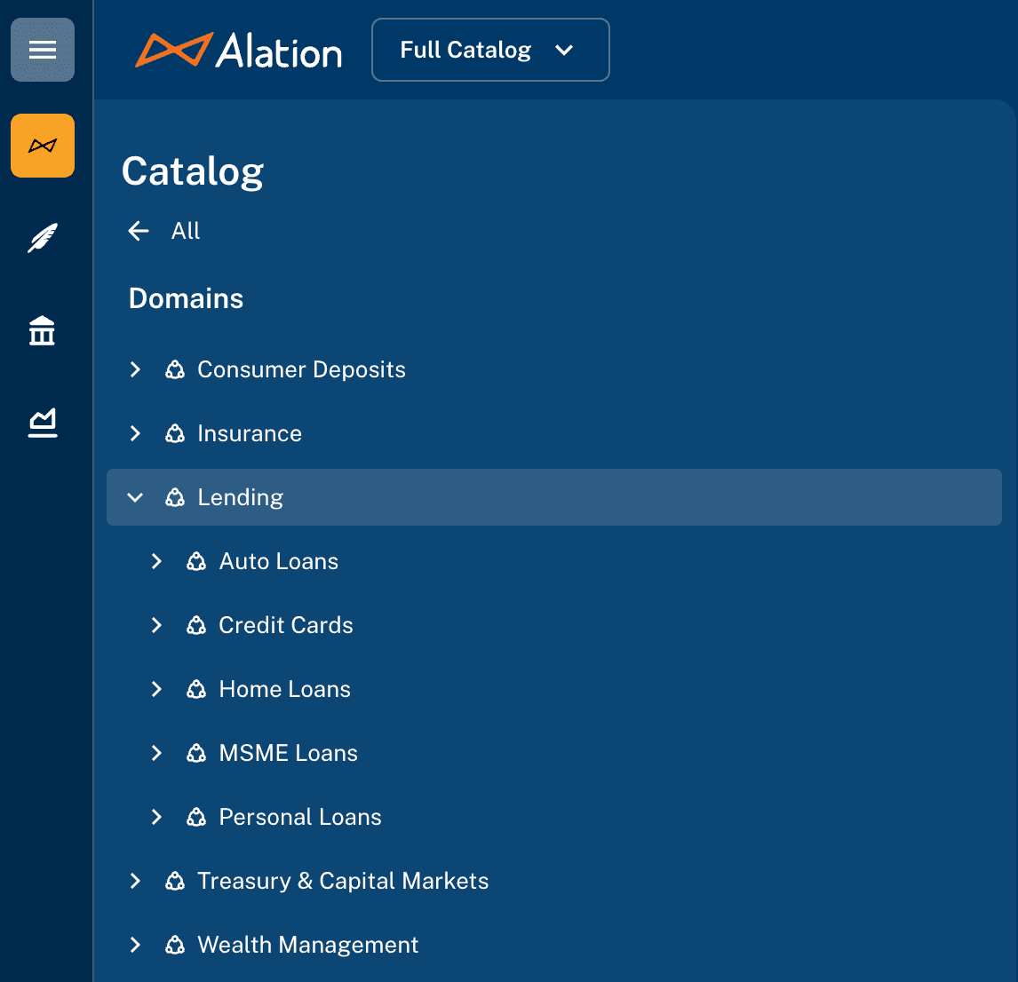 Alation UI with domains and subdomains (banking example). 