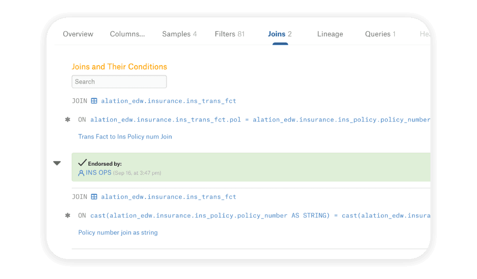 Screenshot of Alation's Active Metadata Graph streamlining SQL writing