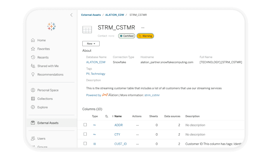 A screenshot of Alation Anywhere, a metadata integration for everyday apps, surfacing metadata 