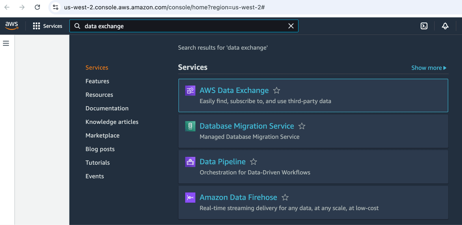 Screenshot showing how to find the AWS Data Exchange