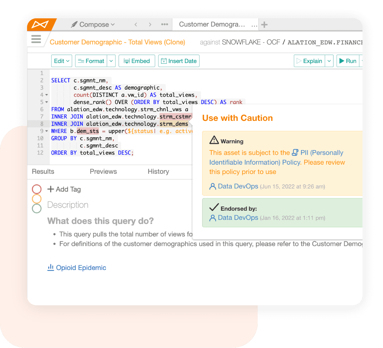 Alation's Compose (SQL Editor) showcasing it's real-time guidance feature.