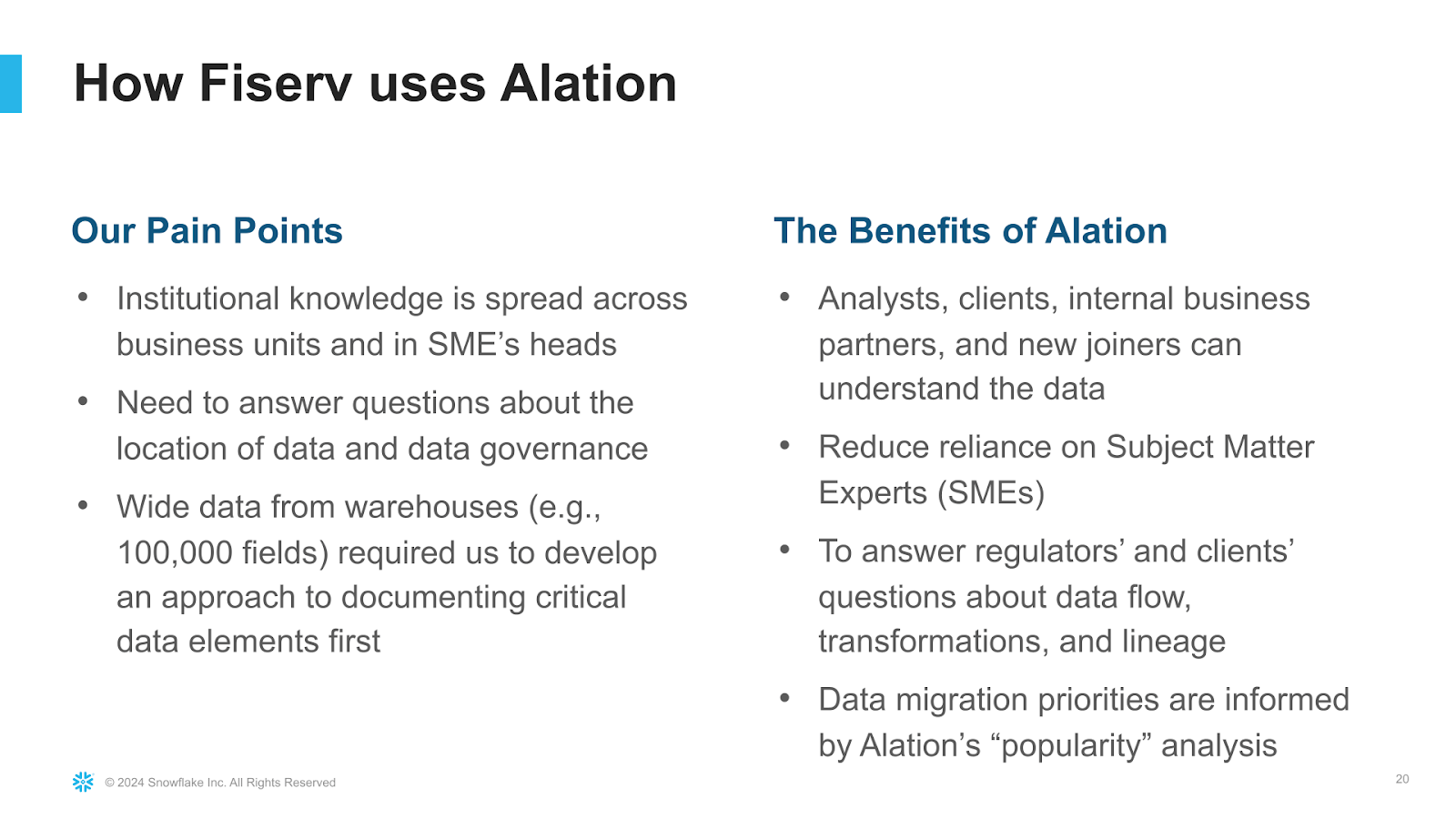 Slide from Fiserv's presentation at Snowflake Summit 2024, Cloud Migration with Alation, sharing how Fiserv uses Alation. 