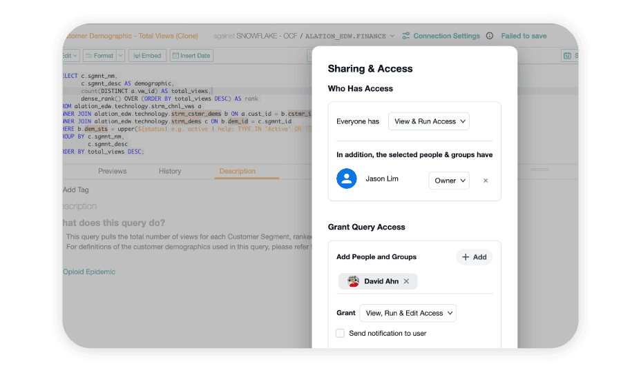 Alation's Compose (SQL Editor) showcasing how you can easily collaborate with your team.