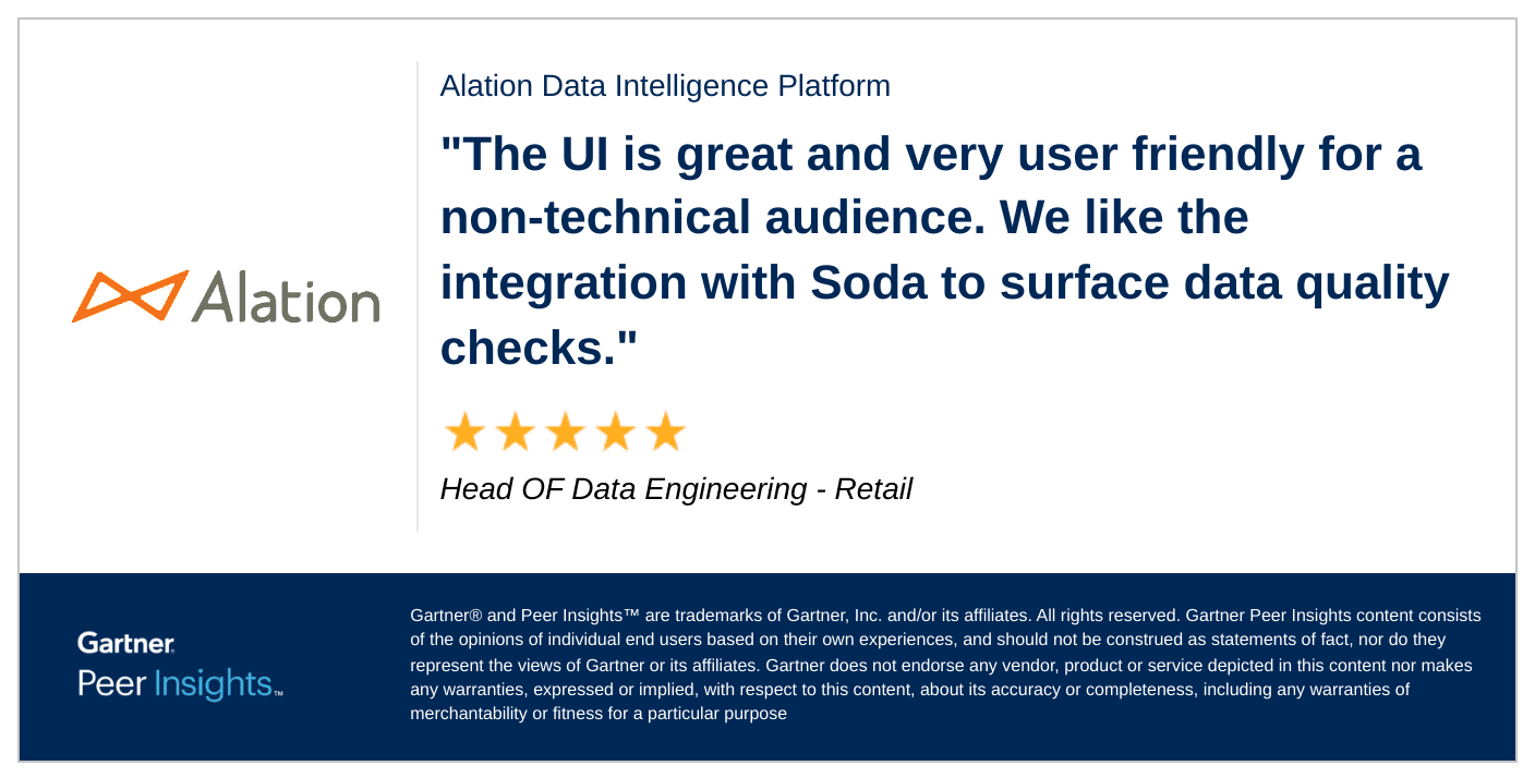 GPI review of Alation from a data leader in retail, praising the UI and data quality integrations