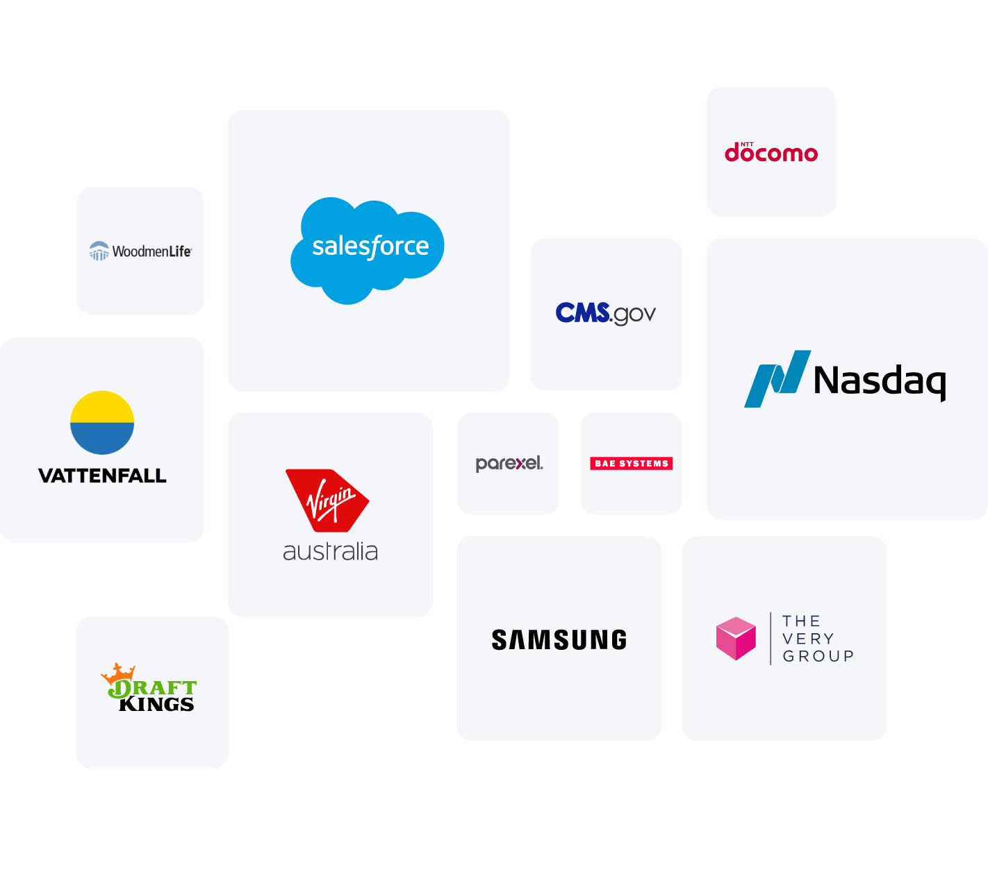 Logos of Alation customers including: Woodmen Life, Salesforce, Vattenfall, Virgin Australia, Draft Kings, Parexel, CMS.gov, BAE Systems, Samsung, NTT Docomo, Nasdaq, The Very Group